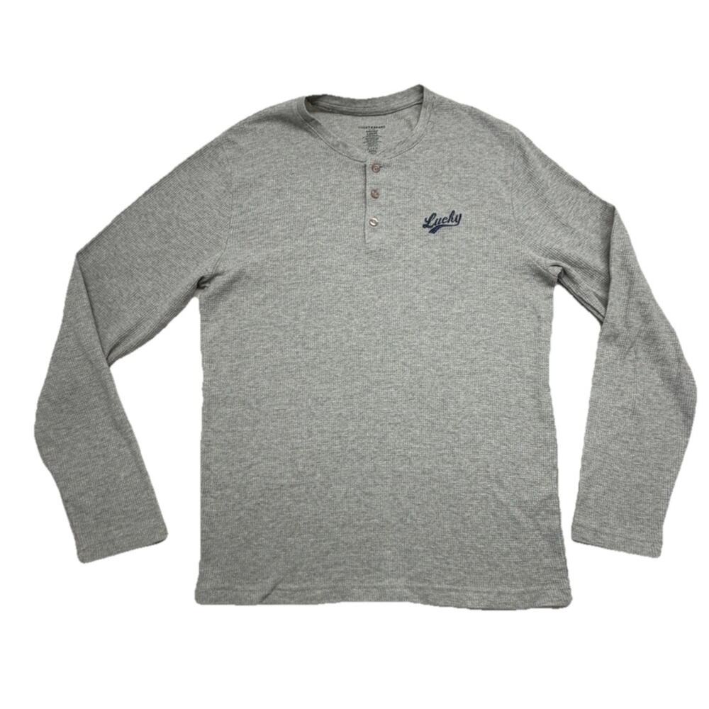 Lucky Brand Sleep Shirt Mens Large Gray Waffle Lounge Wear Long Sleeve Henley